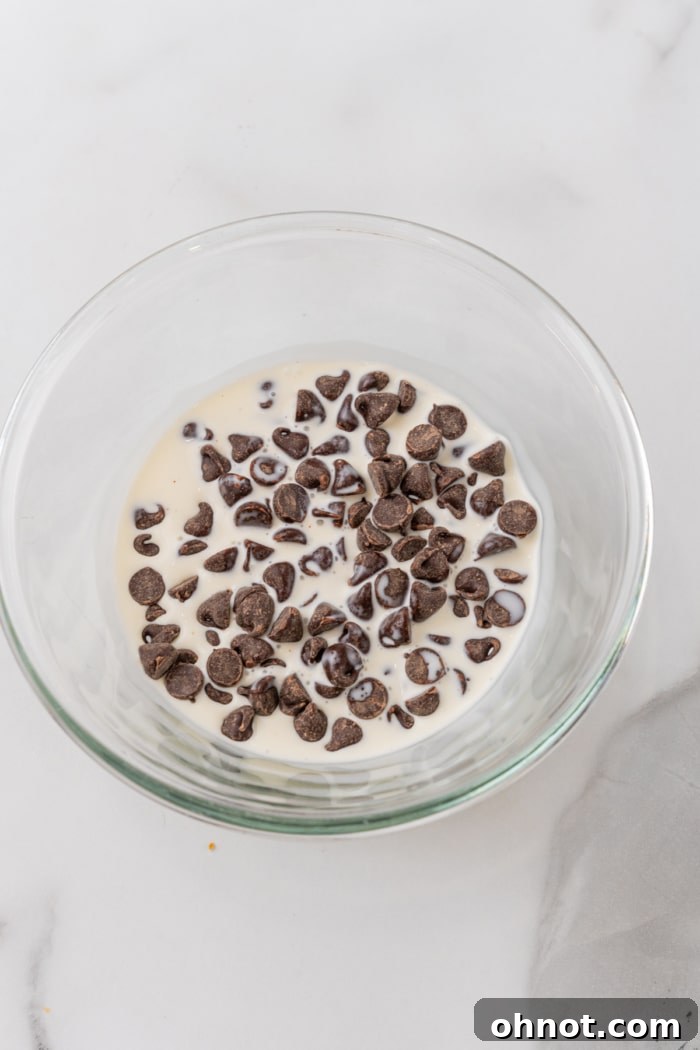 Chocolate chips and cream in bowl.