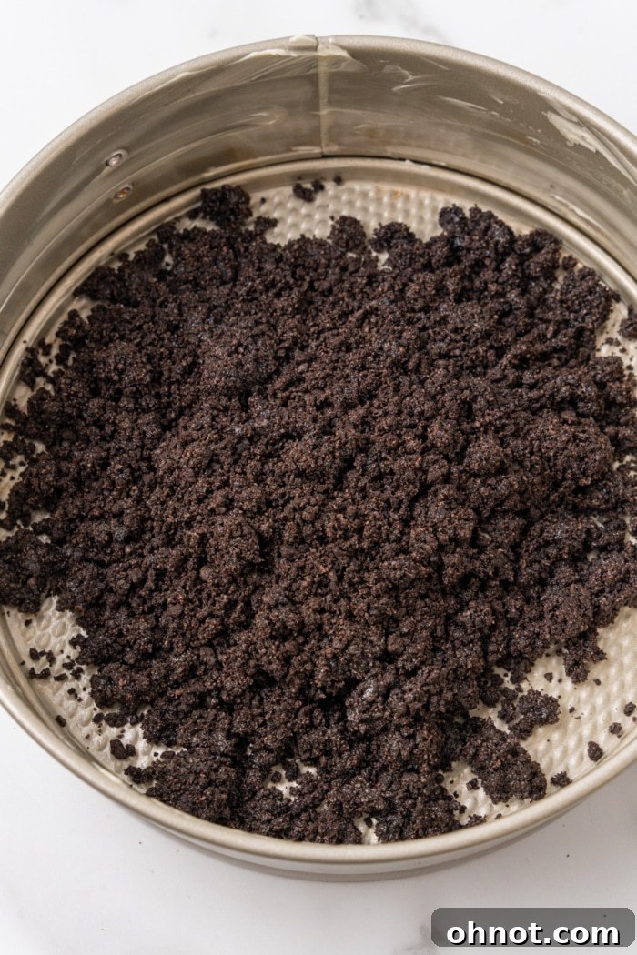 Oreo crumbs in springform pan.
