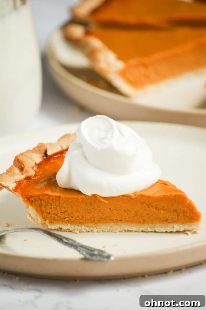 A pristine slice of healthy pumpkin pie, ready to be enjoyed.