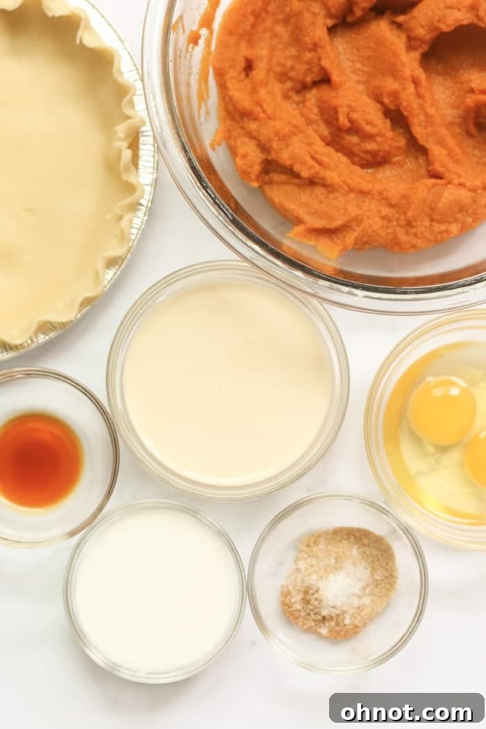 Various ingredients laid out for making healthy pumpkin pie, including pumpkin puree, spices, and eggs.