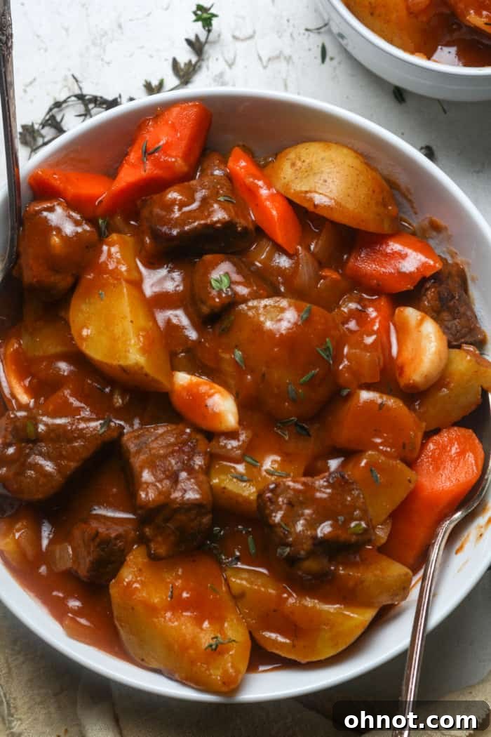 Dutch oven beef stew, rich and hearty.