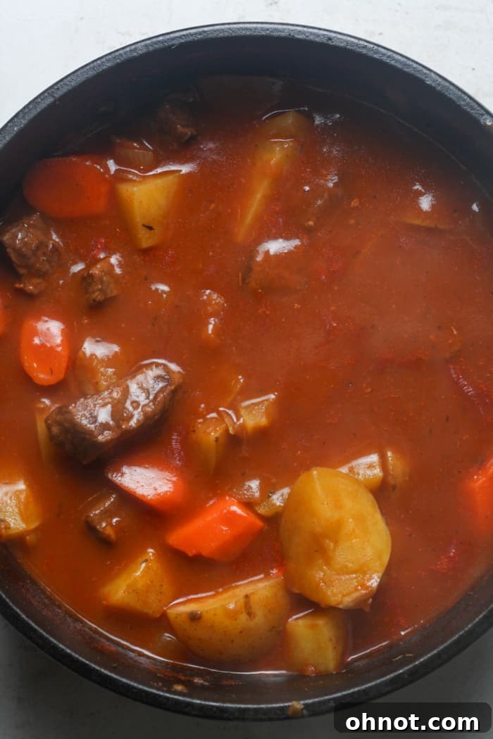 Thick, creamy, and rich beef stew in the Dutch oven.