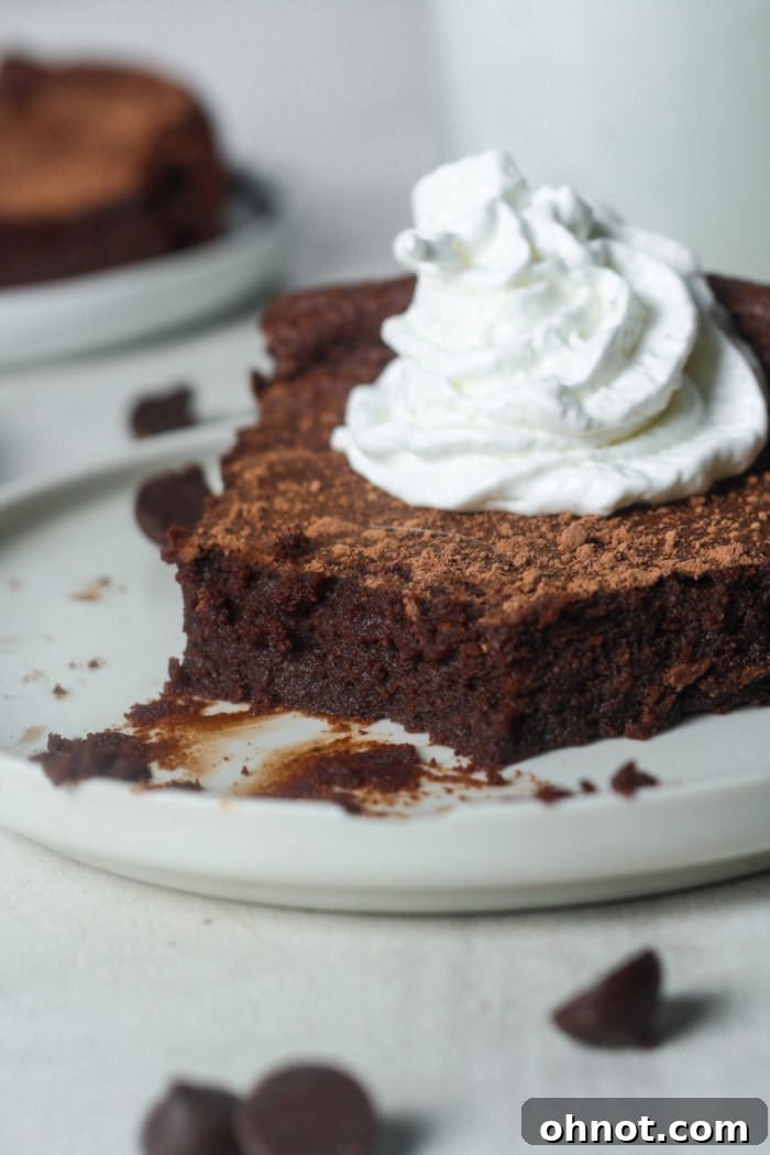 A close-up of a slice of flourless chocolate torte with a bite taken out, showing its fudgy interior.