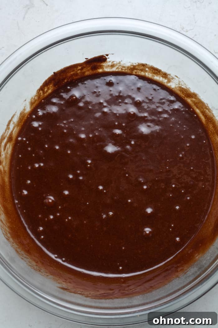 Thick chocolate mixture after cocoa powder has been incorporated.