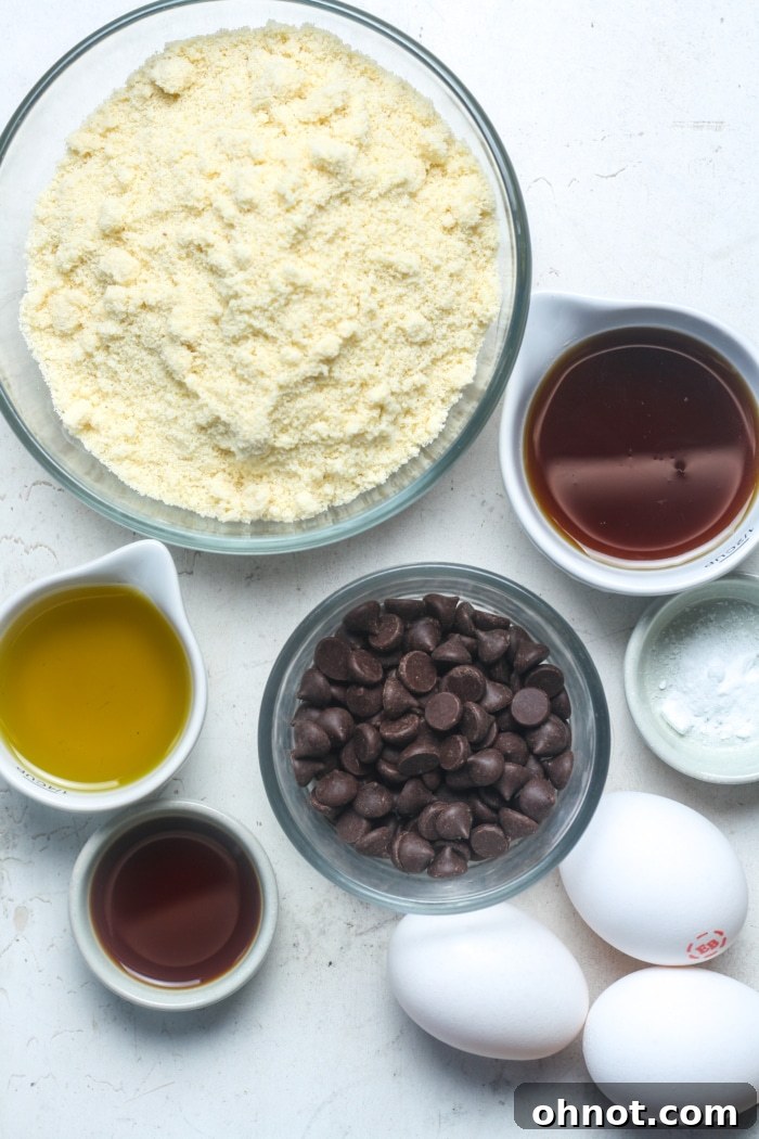 Assortment of fresh ingredients for Paleo muffins, including almond flour, eggs, maple syrup, oil, vanilla, and chocolate chips, laid out on a rustic surface.