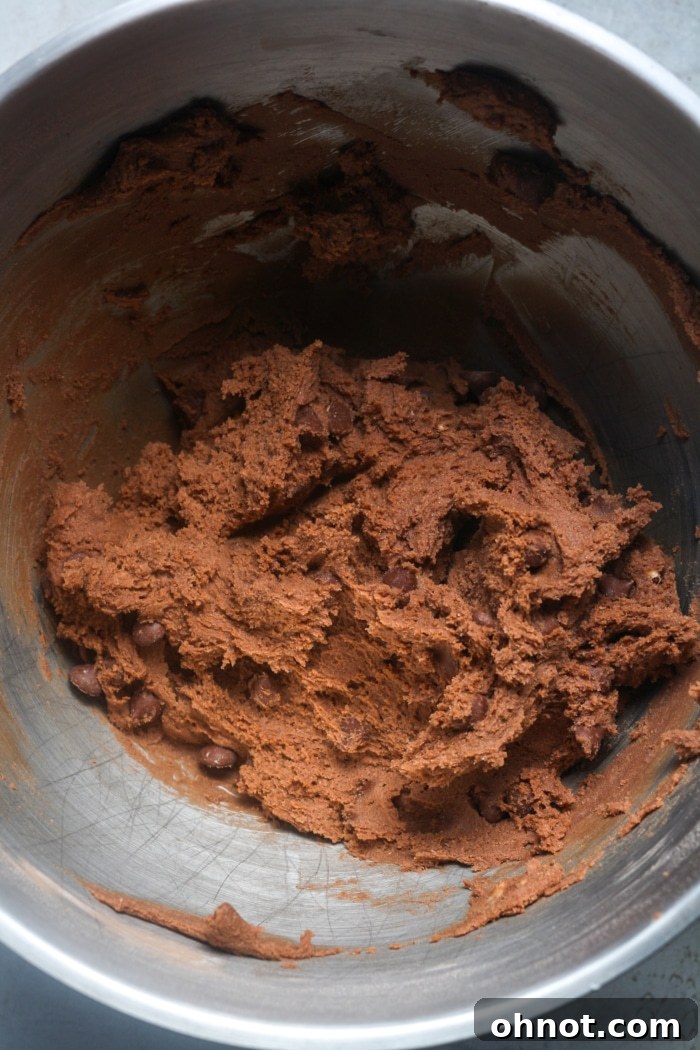 Chocolate cookie dough with chocolate chips folded in, ready for assembly.