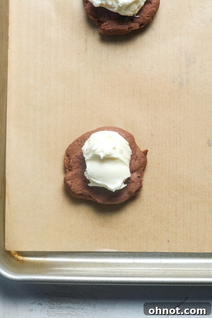 Frozen vanilla cheesecake ball placed atop a flattened chocolate cookie dough disc.