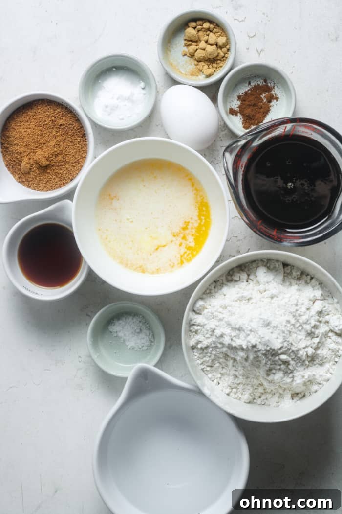 A collection of gingerbread loaf ingredients, including flour, spices, molasses, and an egg.