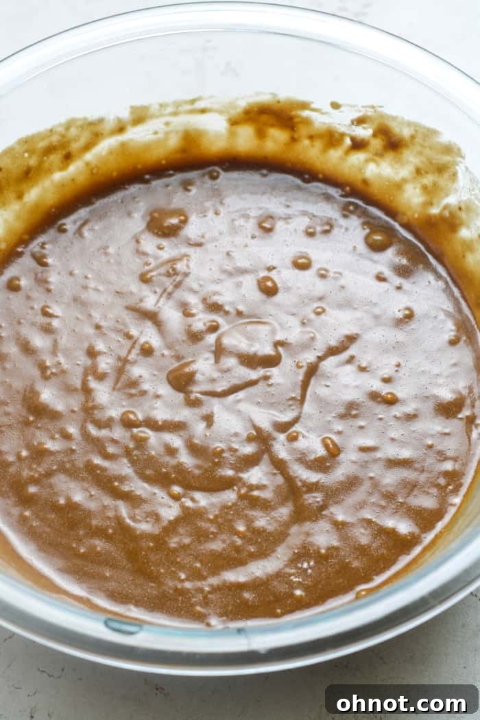The creamy, dark molasses gingerbread batter after mixing.