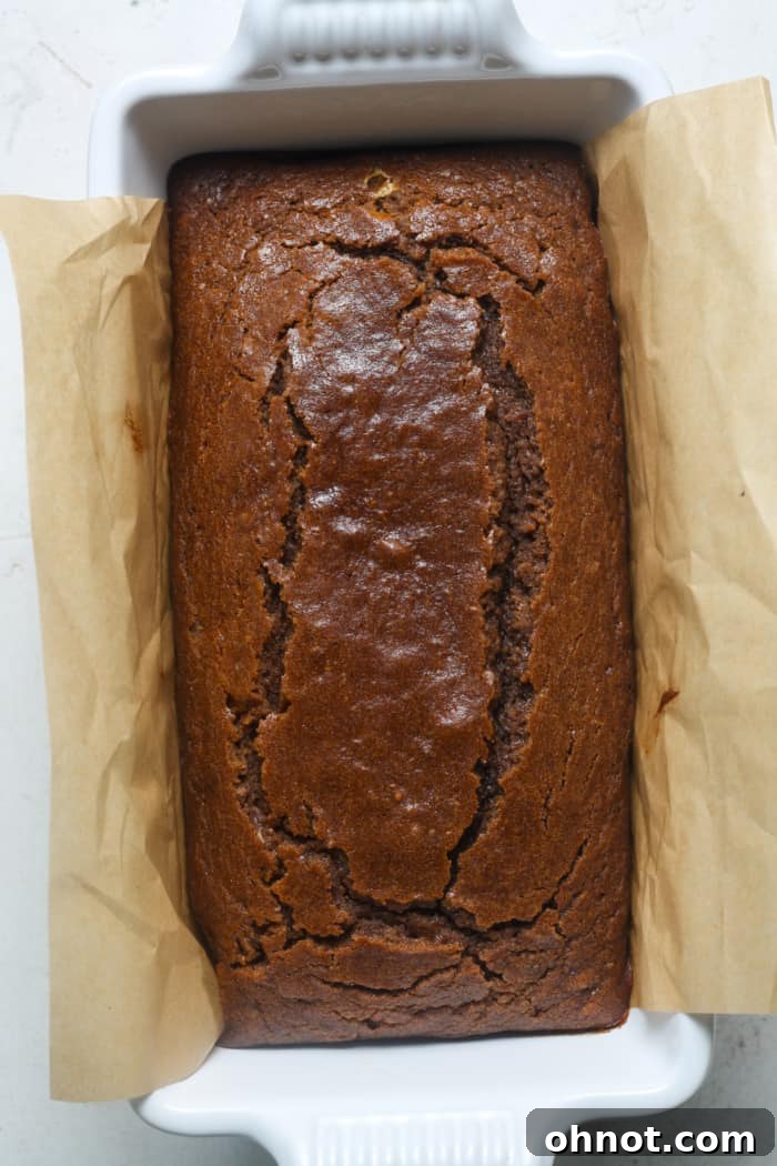 A perfectly baked gingerbread loaf, golden brown and risen in its pan.