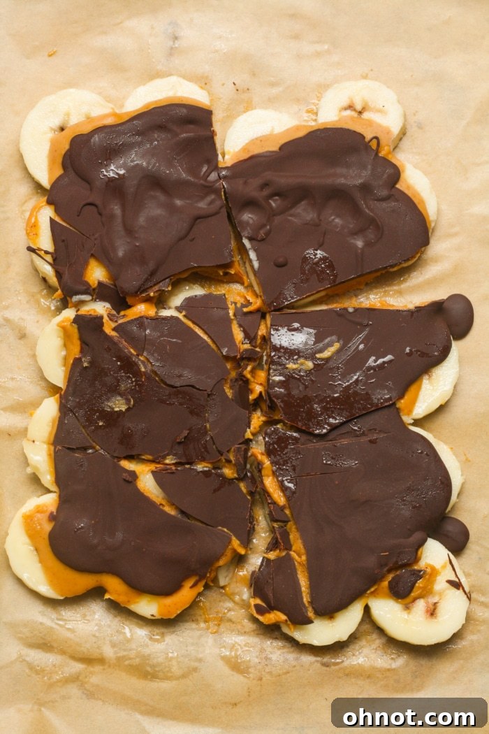 Delicious layers of banana, peanut butter, and chocolate bark.