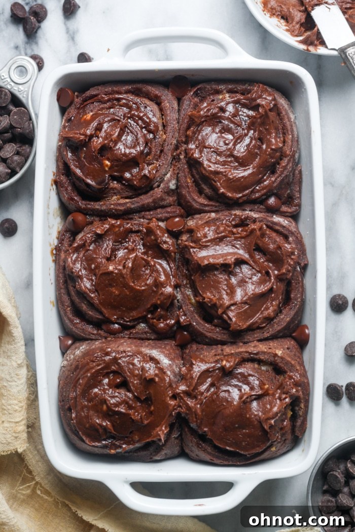 Decadent Chocolate cinnamon rolls, freshly baked and frosted.