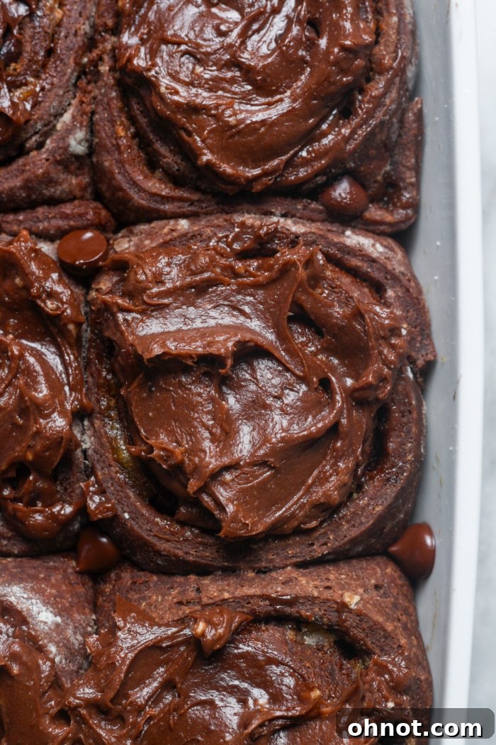 Close up view of freshly baked chocolate cinnamon rolls with melted frosting.