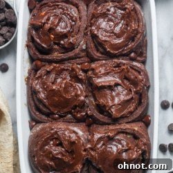 Chocolate cinnamon rolls, ready for serving.