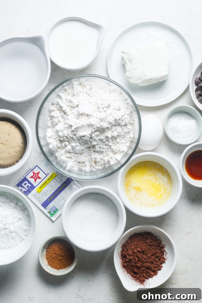 Ingredients for chocolate cinnamon rolls laid out on a table.