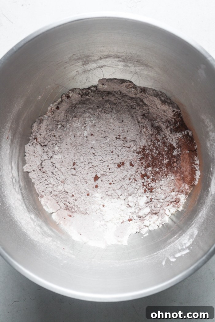 Cocoa powder and bread flour mixed in a stand mixer bowl.
