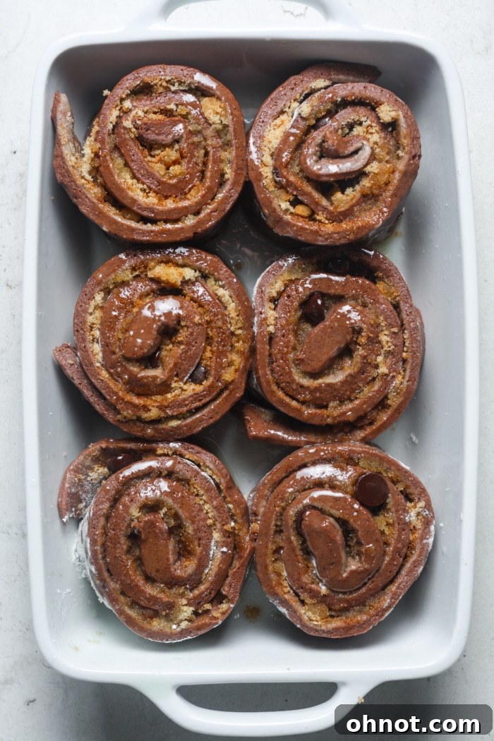 Chocolate cinnamon rolls in a pan, ready for rising.