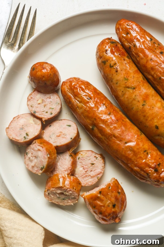 Crispy Air Fryer Italian sausage links beautifully browned and ready to serve.