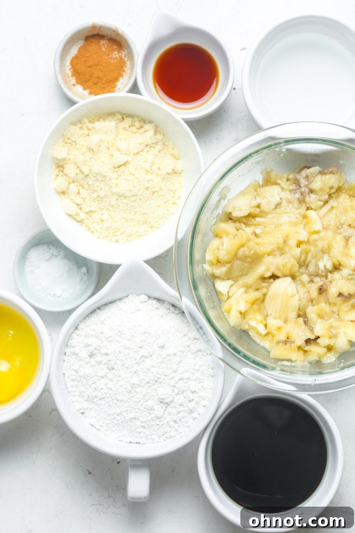 All the fresh ingredients laid out for making cinnamon crunch banana bread.