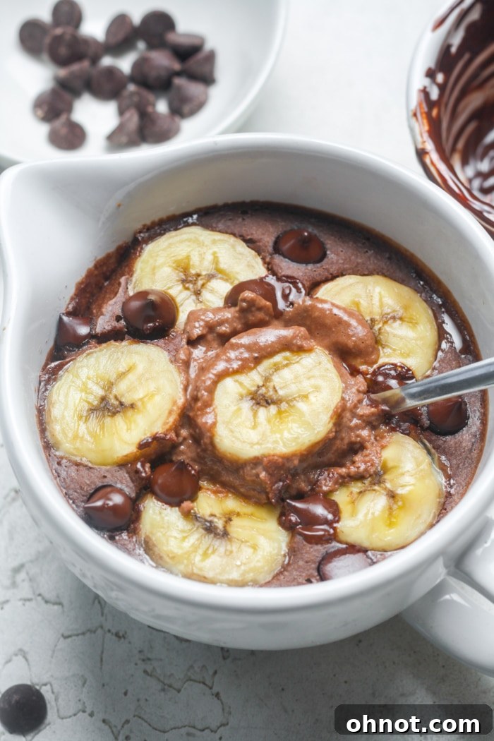 A close-up of a warm, gooey chocolate baked oat dish with melted chocolate chips, served in a rustic bowl.
