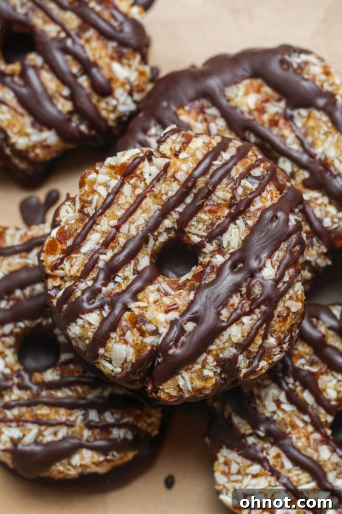 Close-up of a perfectly made no-bake Samoa cookie.