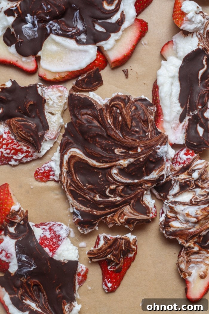 Delicious and easy-to-make strawberry yogurt bark with chocolate drizzle.