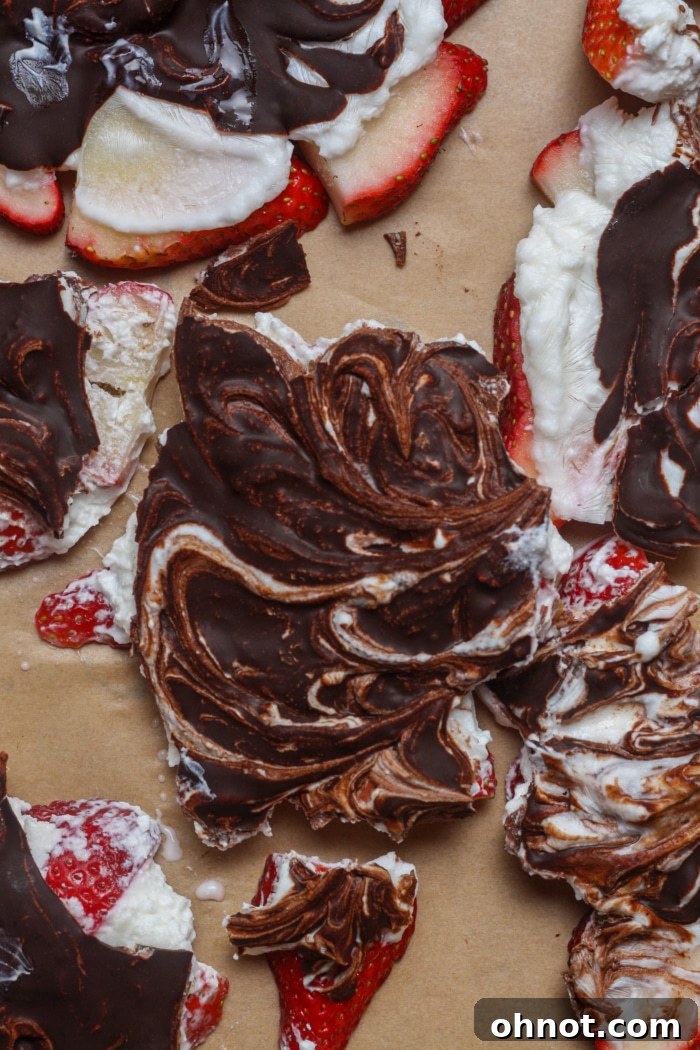 Swirled chocolate on yogurt bark with strawberries.