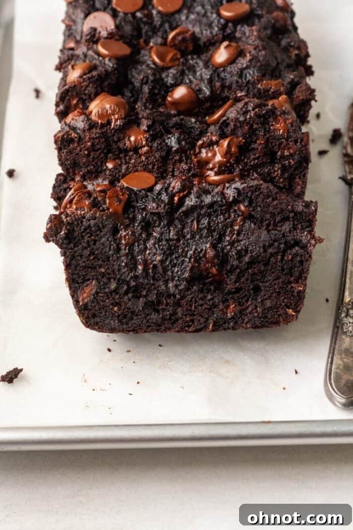 Whole loaf of Paleo chocolate zucchini bread with chocolate chips
