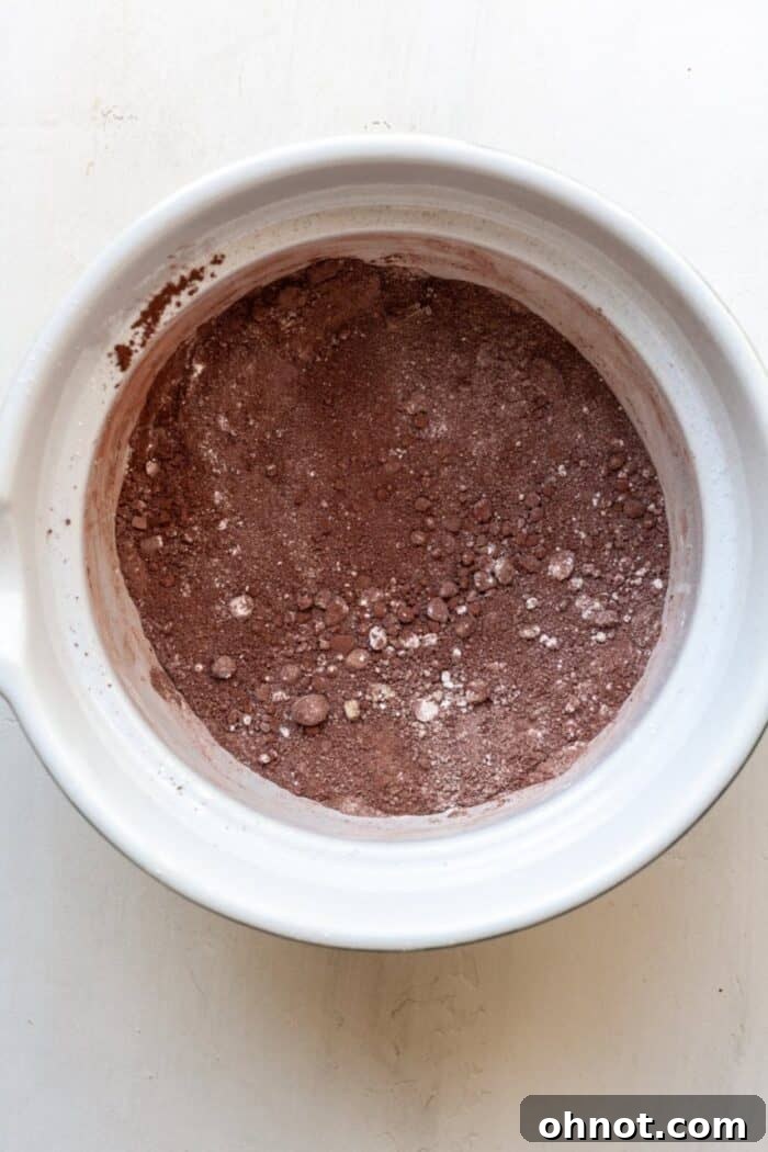 Cocoa powder being added to a bowl of dry ingredients