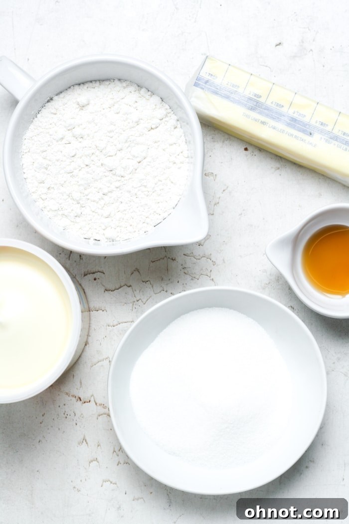 Fresh ingredients laid out for baking eggless sugar cookies.