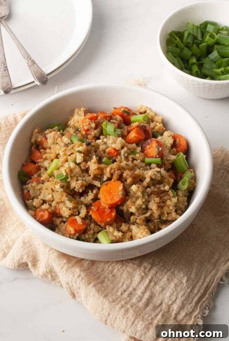 Cauliflower Fried Rice in a bowl, ready to eat