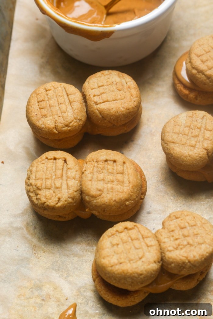 A close-up shot of homemade gluten-free Nutter Butter cookies, showcasing their inviting texture and rich color.