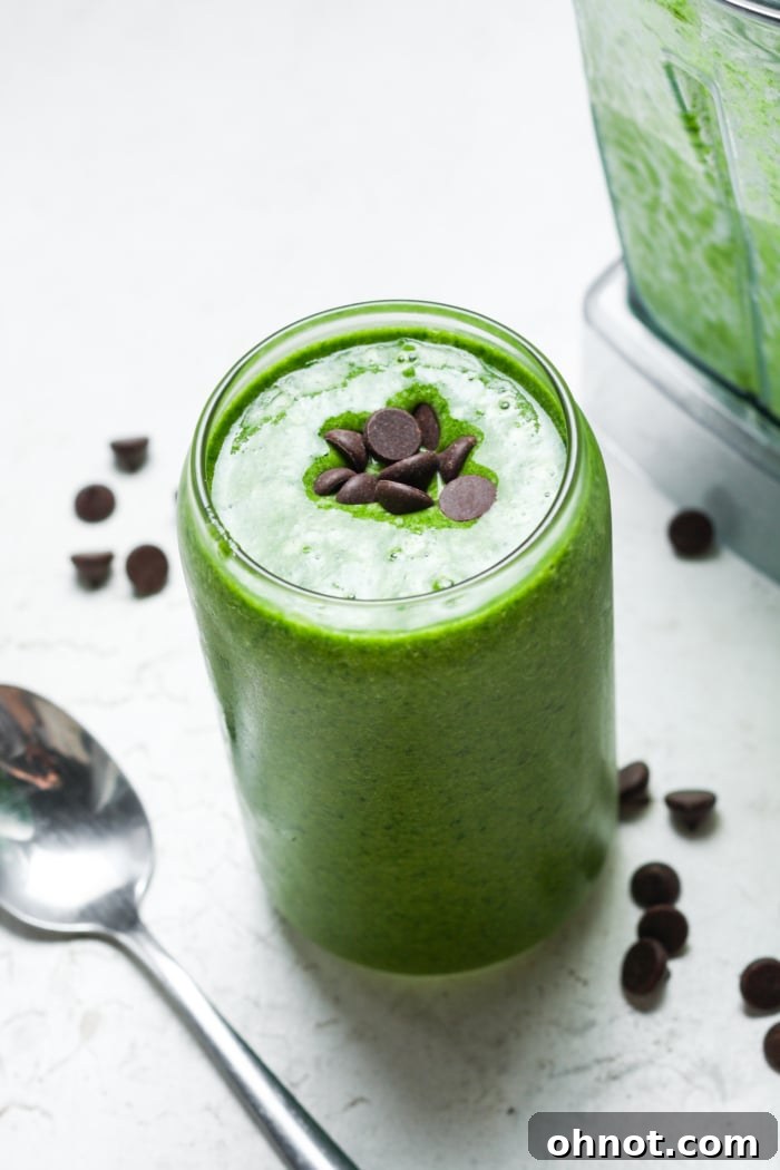Close-up of a mint chocolate shake, garnished with chocolate chips.