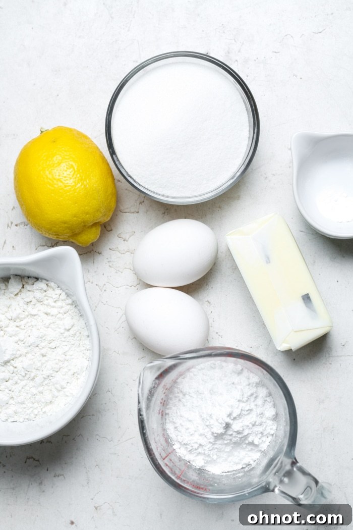 A collection of fresh ingredients laid out, including lemons, butter, sugar, and flour, ready for making lemon brownies.