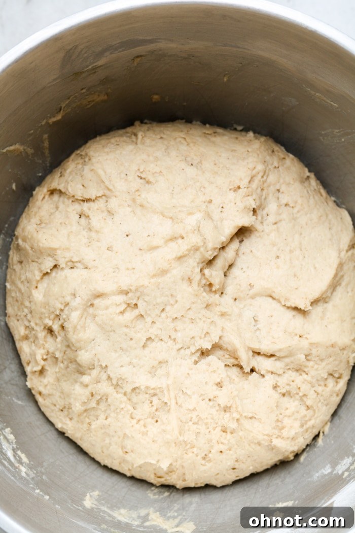 Risen gluten-free dough in a bowl after one hour.