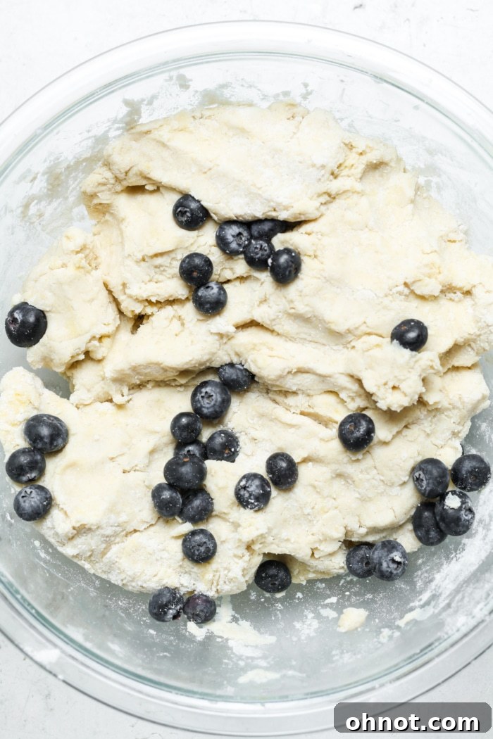 Scone dough with fresh blueberries gently folded in.