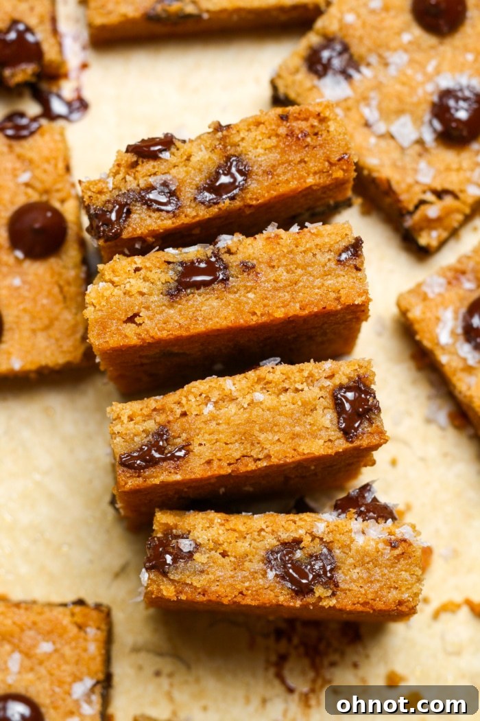 Close up shot of a perfectly gooey brown butter bar, showcasing its dense texture and chocolate chips.
