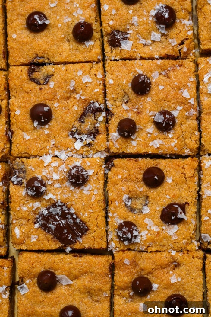 Freshly baked brown butter chocolate chip cookie bars cooling in the pan, with a sprinkle of sea salt.