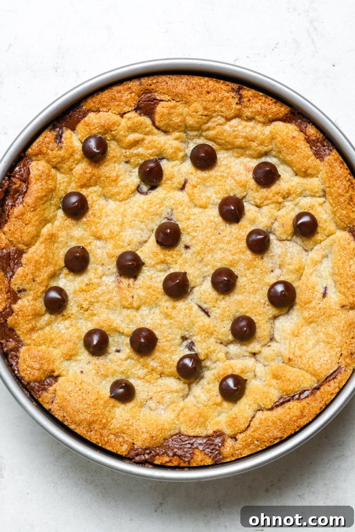 A freshly baked chocolate chip cookie pie in a round cake pan, with golden brown edges and a slightly soft center.