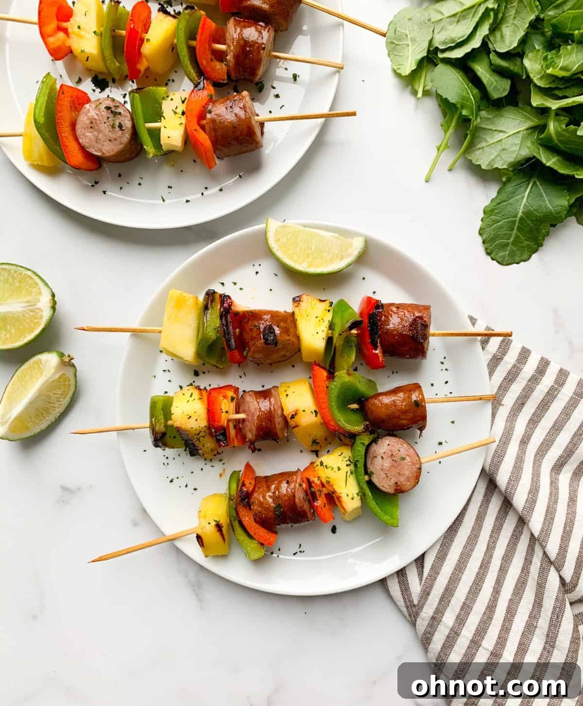 Whole30 Kielbasa Skewers, combining smoky sausage with vibrant bell peppers and onions for a sweet and savory meal.