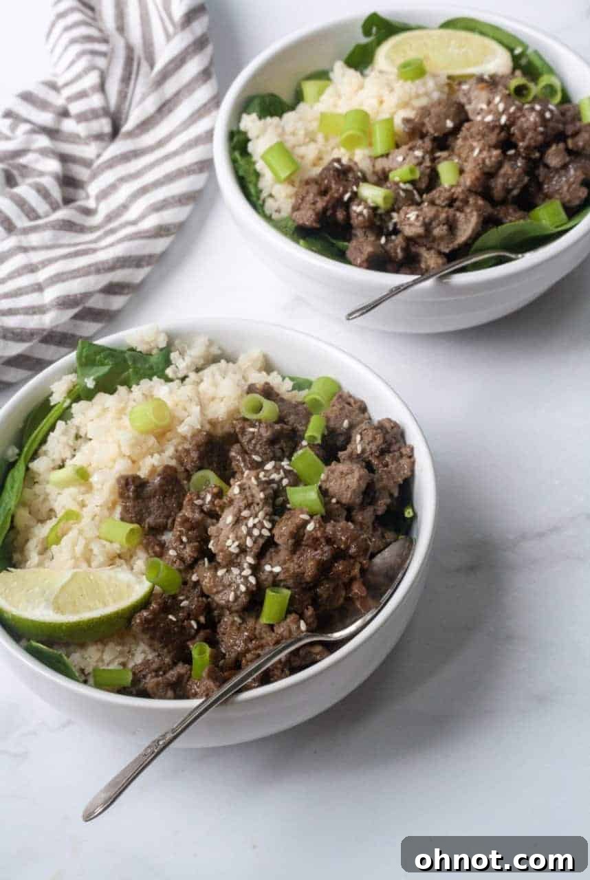 Colorful and flavorful Whole30 Korean Beef Bowls with tender beef, crisp vegetables, and a savory sauce.