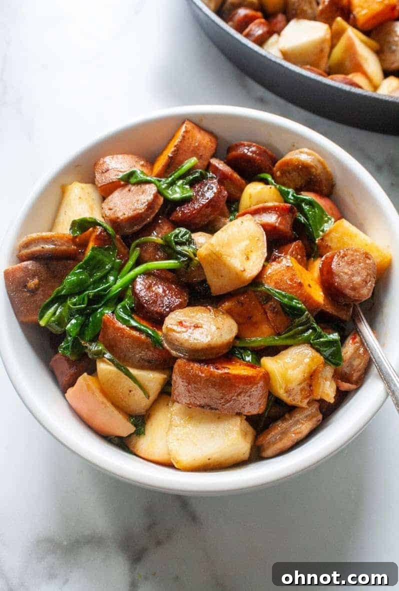 Sweet Potato and Apple Hash cooking in a skillet
