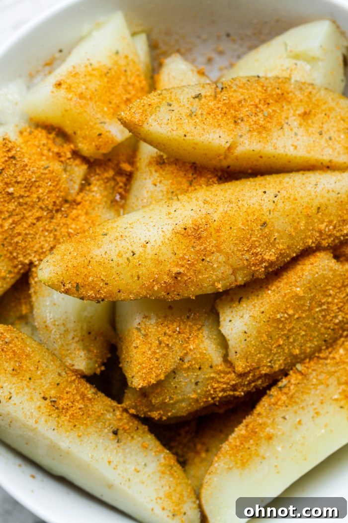 Potato wedges seasoned with olive oil, sea salt, pepper, and garlic powder in a bowl.
