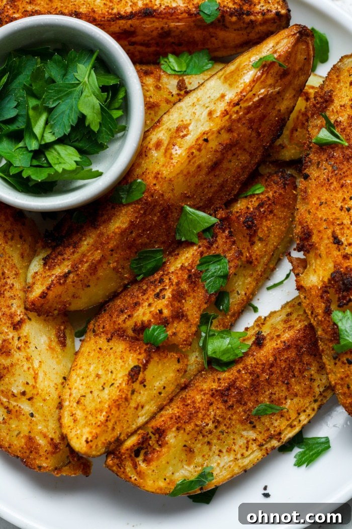 Close-up of perfectly crispy, golden air fryer potato wedges, freshly cooked.
