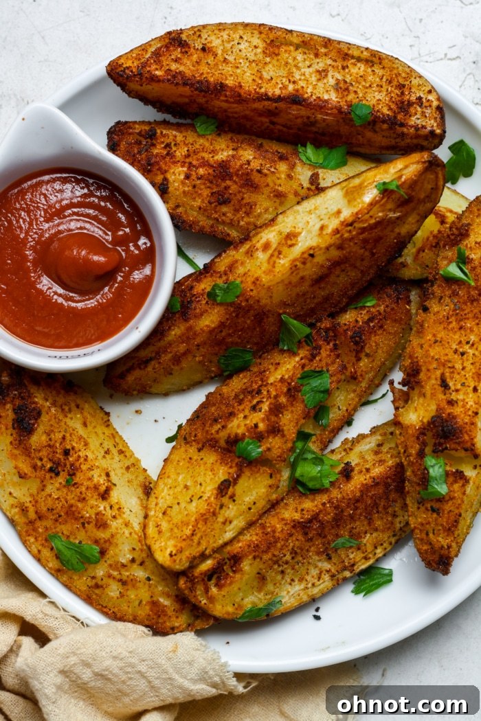 A plate of perfectly cooked, golden-brown air fryer potato wedges, ready to eat.