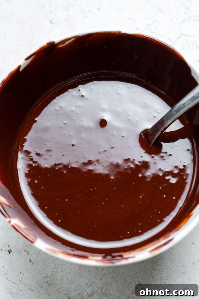 Smooth and glossy melted dark chocolate in a bowl.