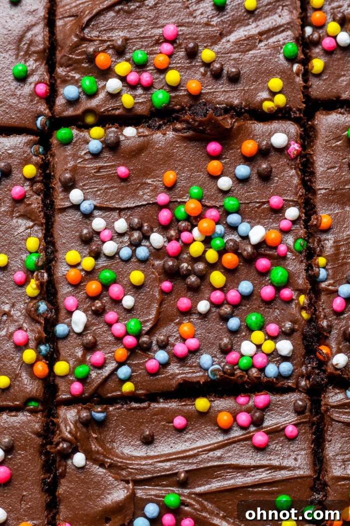 Classic Cosmic Brownies, rich and fudgy, topped with chocolate frosting and rainbow sprinkles.