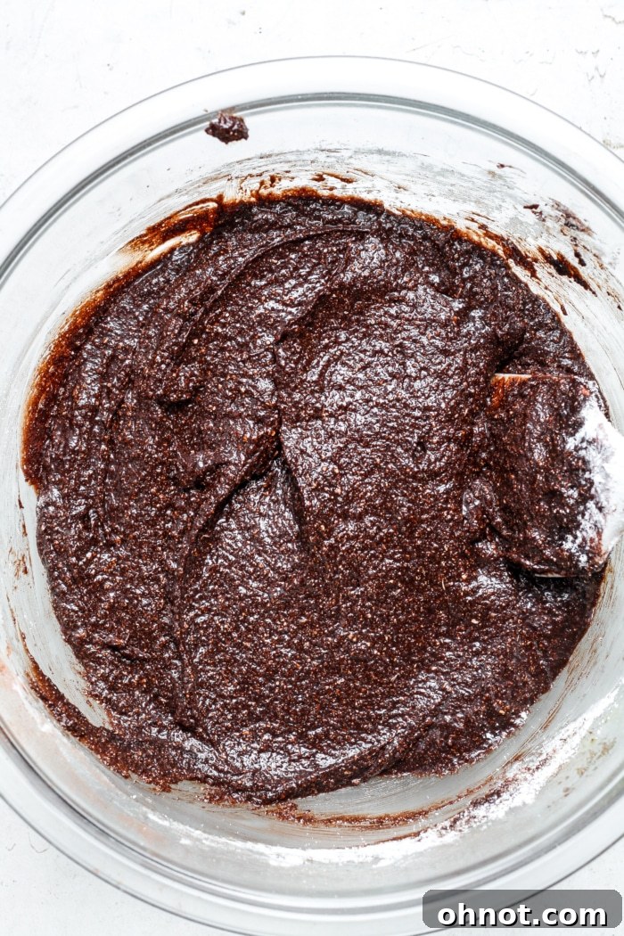Shiny chocolate dough, ready for baking.