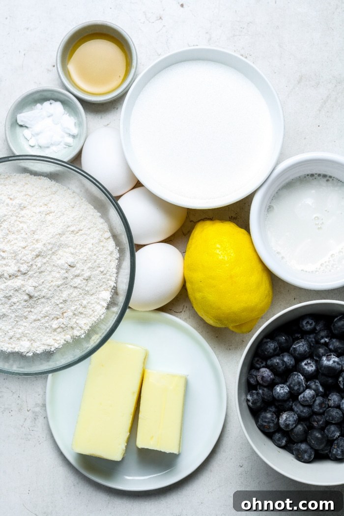 Ingredients for lemon blueberry bread laid out on a counter.