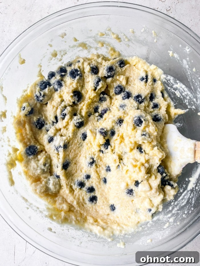 Blueberry batter in a bowl, ready for baking.